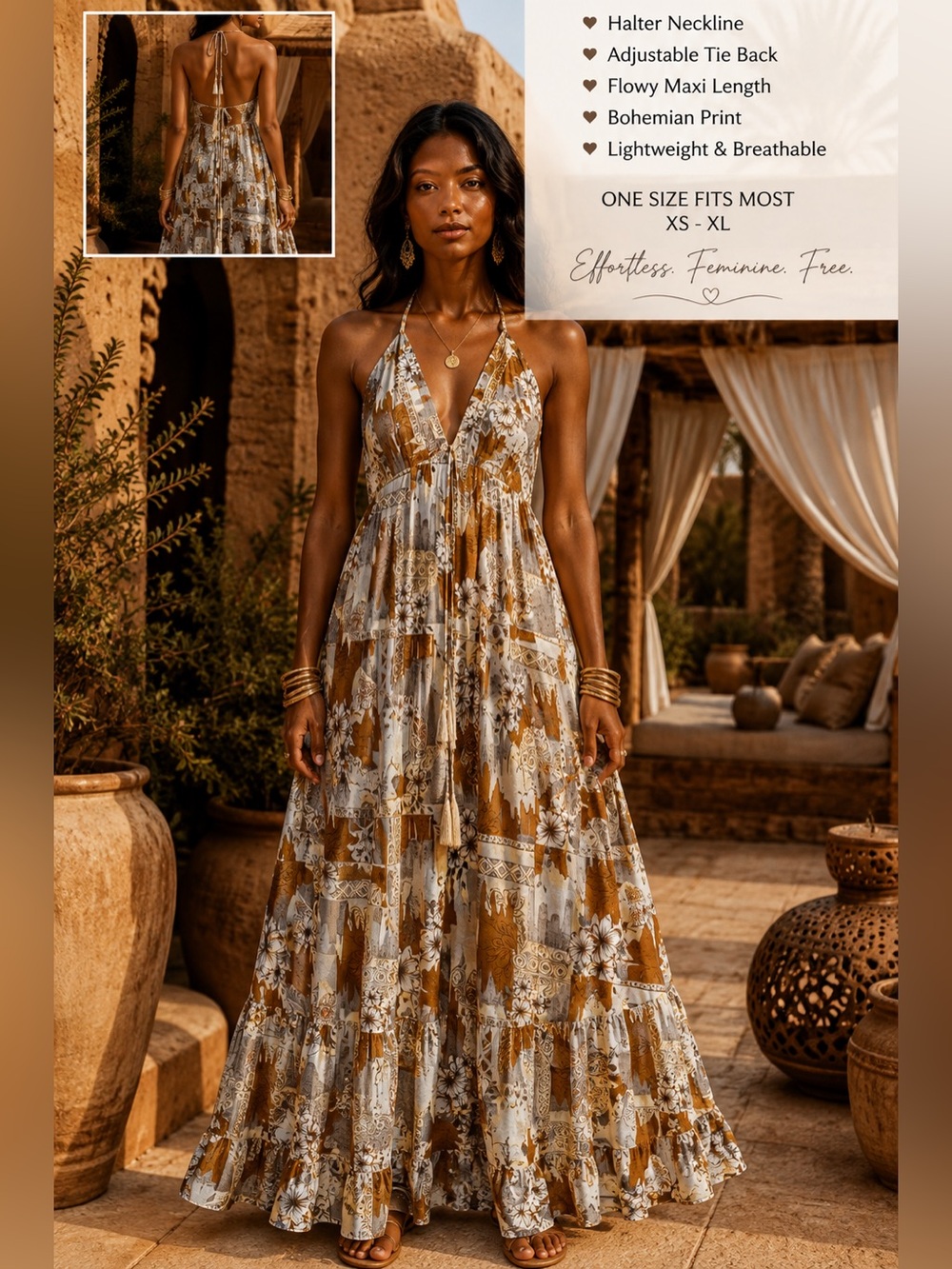 Boho Silk Blend Halter Maxi Dress One Size Rust Brown Bohemian Open Back O/S